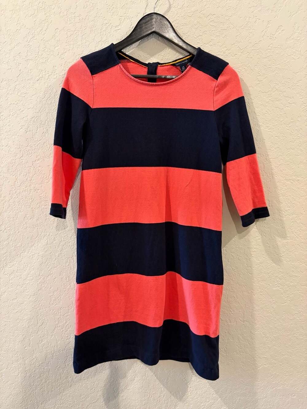 Tommy Hilfiger Women's Navy and Coral Striped Long Sleeve Shift Dress